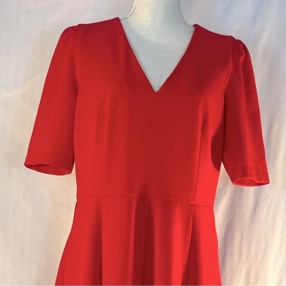 Donna Morgan Red MIDI Dress Crepe Elbow Length Sleeves V Neck Fit & Flare 12 - Picture 4 of 10